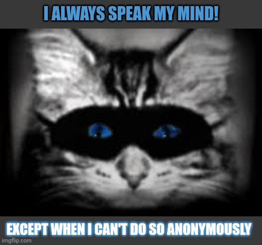 Do you always speak your mind? | I ALWAYS SPEAK MY MIND! EXCEPT WHEN I CAN'T DO SO ANONYMOUSLY | image tagged in think about it,lolcat,anonymous,hypocrisy,free speech | made w/ Imgflip meme maker