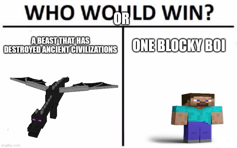 Who Would Win? | OR; A BEAST THAT HAS DESTROYED ANCIENT CIVILIZATIONS; ONE BLOCKY BOI | image tagged in memes,who would win | made w/ Imgflip meme maker