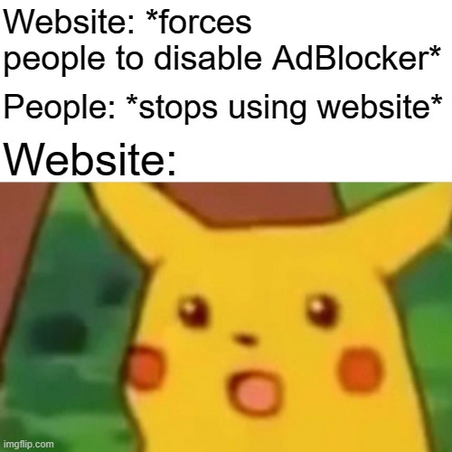 Surprised Pikachu Meme | Website: *forces people to disable AdBlocker*; People: *stops using website*; Website: | image tagged in memes,surprised pikachu,websites,adblock | made w/ Imgflip meme maker