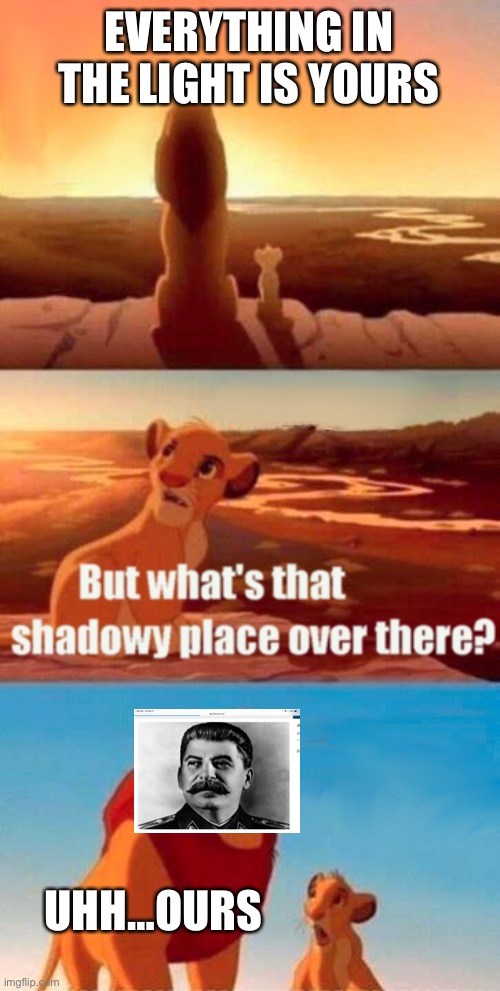 Simba Shadowy Place | EVERYTHING IN THE LIGHT IS YOURS; UHH…OURS | image tagged in memes,simba shadowy place | made w/ Imgflip meme maker