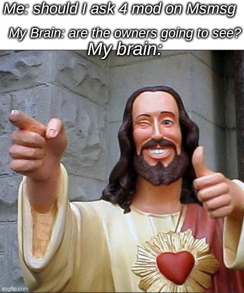 Im zad | Me: should I ask 4 mod on Msmsg; My Brain: are the owners going to see? My brain: | image tagged in blank white template,memes,buddy christ,msmg,brain,help me | made w/ Imgflip meme maker