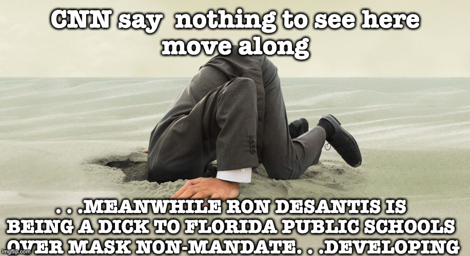 Head buried in sand | CNN say  nothing to see here
move along . . .MEANWHILE RON DESANTIS IS 
BEING A DICK TO FLORIDA PUBLIC SCHOOLS 
OVER MASK NON-MANDATE. . .DE | image tagged in head buried in sand | made w/ Imgflip meme maker