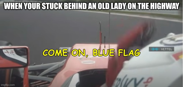 Come On, Blue Flag | WHEN YOUR STUCK BEHIND AN OLD LADY ON THE HIGHWAY | image tagged in formula 1 | made w/ Imgflip meme maker