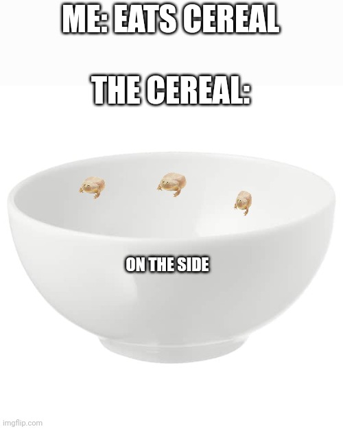 ME: EATS CEREAL
 
THE CEREAL:; ON THE SIDE | image tagged in memes | made w/ Imgflip meme maker