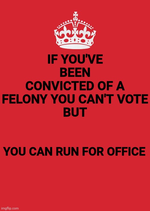 That Can't Be Right.  Can It? | IF YOU'VE BEEN CONVICTED OF A FELONY YOU CAN'T VOTE
BUT; YOU CAN RUN FOR OFFICE | image tagged in memes,keep calm and carry on red,felon,elected officials,something's wrong i can feel it,doing it wrong | made w/ Imgflip meme maker