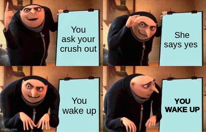 Gru's Plan | You ask your crush out; She says yes; You wake up; YOU WAKE UP | image tagged in memes,gru's plan | made w/ Imgflip meme maker