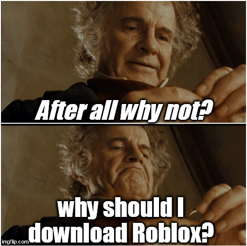 Roblox Haters be like | After all why not? why should I download Roblox? | image tagged in bilbo - why shouldn t i keep it,roblox,triggered,funny memes | made w/ Imgflip meme maker