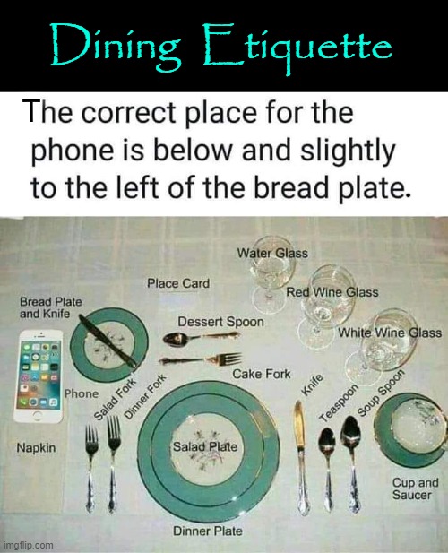 YOU - and your phone ! | Dining  Etiquette; T | image tagged in etiquette | made w/ Imgflip meme maker