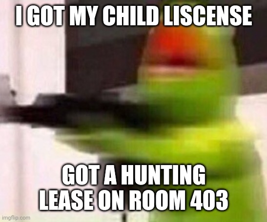 I GOT MY CHILD LISCENSE GOT A HUNTING LEASE ON ROOM 403 | image tagged in school shooter muppet | made w/ Imgflip meme maker
