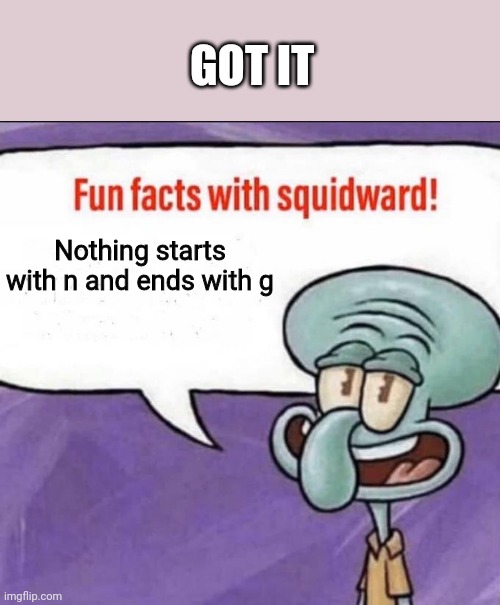 Fun Facts with Squidward | GOT IT; Nothing starts with n and ends with g | image tagged in fun facts with squidward | made w/ Imgflip meme maker