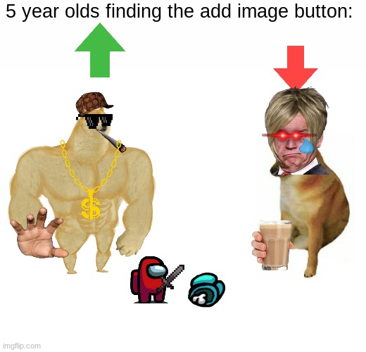 Buff Doge vs. Cheems | 5 year olds finding the add image button: | image tagged in memes,buff doge vs cheems | made w/ Imgflip meme maker