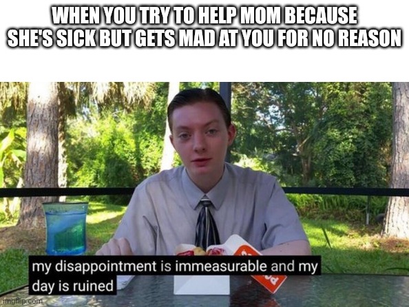 Ik this meme is dead but whatever (also true story) | WHEN YOU TRY TO HELP MOM BECAUSE SHE'S SICK BUT GETS MAD AT YOU FOR NO REASON | image tagged in my day is ruined | made w/ Imgflip meme maker