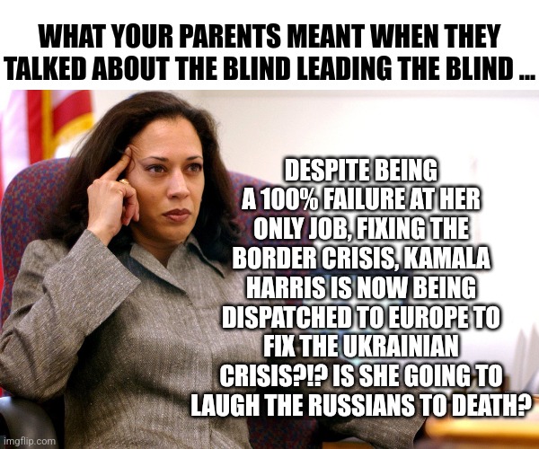 Newsflash, being a woman, being black, or being a liberal will NOT make you automatically the Mary Sue of big boy world politics |  DESPITE BEING A 100% FAILURE AT HER ONLY JOB, FIXING THE BORDER CRISIS, KAMALA HARRIS IS NOW BEING DISPATCHED TO EUROPE TO FIX THE UKRAINIAN CRISIS?!? IS SHE GOING TO LAUGH THE RUSSIANS TO DEATH? WHAT YOUR PARENTS MEANT WHEN THEY TALKED ABOUT THE BLIND LEADING THE BLIND ... | image tagged in the kamala's plan,liberal logic,failure,democrats,desperation | made w/ Imgflip meme maker