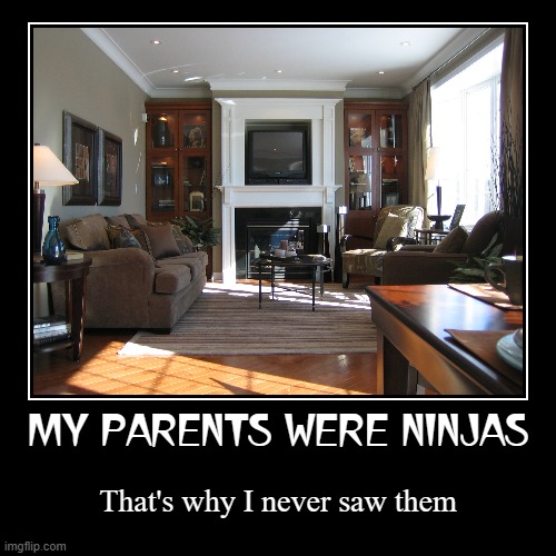 My Parents were Ninjas | MY PARENTS WERE NINJAS | That's why I never saw them | image tagged in funny,demotivationals | made w/ Imgflip demotivational maker