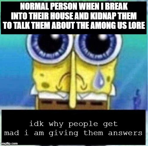 why would them get mad, i am saving them from hours of searching lore | NORMAL PERSON WHEN I BREAK INTO THEIR HOUSE AND KIDNAP THEM TO TALK THEM ABOUT THE AMONG US LORE; idk why people get mad i am giving them answers | image tagged in nft artists when i break into their home blank | made w/ Imgflip meme maker