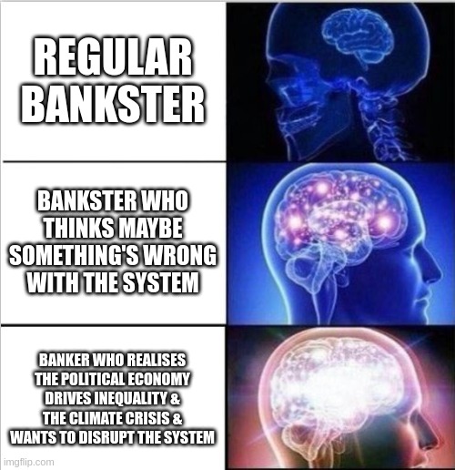 bankers rebel | REGULAR BANKSTER; BANKSTER WHO THINKS MAYBE SOMETHING'S WRONG WITH THE SYSTEM; BANKER WHO REALISES THE POLITICAL ECONOMY DRIVES INEQUALITY & THE CLIMATE CRISIS & WANTS TO DISRUPT THE SYSTEM | image tagged in expanded woke 3 mind brain | made w/ Imgflip meme maker