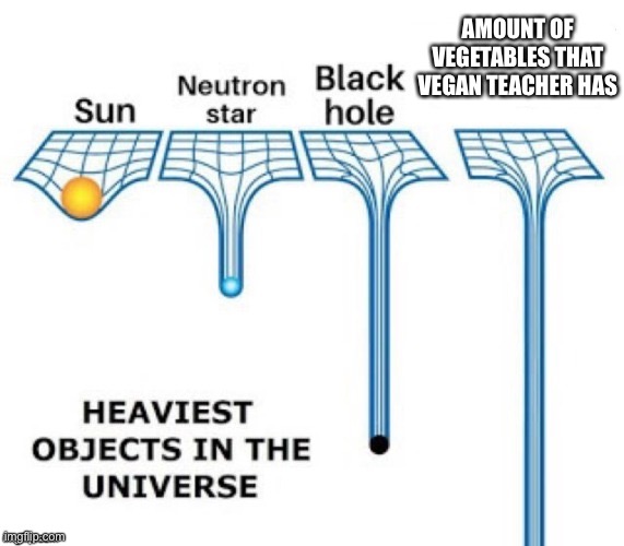 heaviest objects in the universe | AMOUNT OF VEGETABLES THAT VEGAN TEACHER HAS | image tagged in heaviest objects in the universe,that vegan teacher,vegan | made w/ Imgflip meme maker