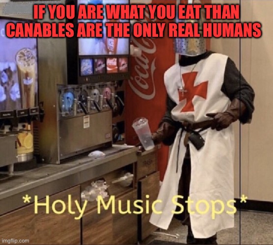 Holy music stops | IF YOU ARE WHAT YOU EAT THAN CANABLES ARE THE ONLY REAL HUMANS | image tagged in holy music stops | made w/ Imgflip meme maker