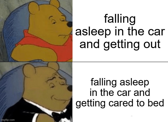 Tuxedo Winnie The Pooh | falling asleep in the car and getting out; falling asleep in the car and getting cared to bed | image tagged in memes,tuxedo winnie the pooh | made w/ Imgflip meme maker