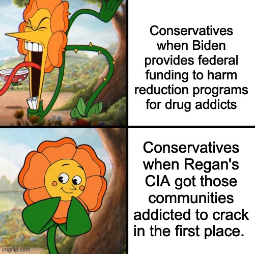 Please don't make me defend Biden again. | Conservatives when Biden provides federal funding to harm reduction programs for drug addicts; Conservatives when Regan's CIA got those communities addicted to crack in the first place. | image tagged in angry flower,joe biden,ronald reagan,war on drugs,cia | made w/ Imgflip meme maker