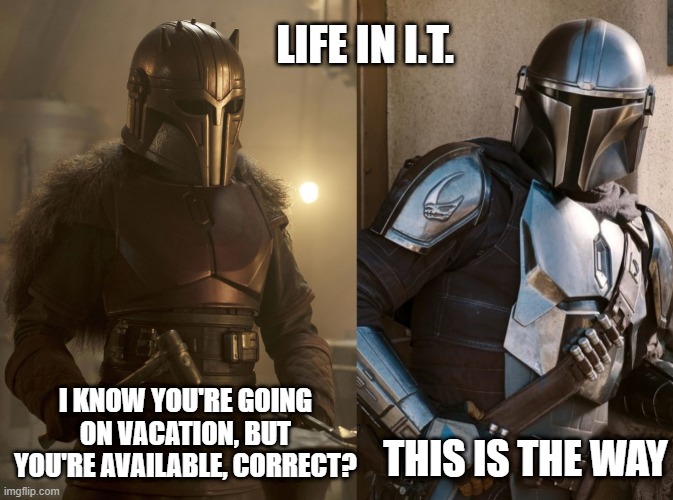 Vacation in I.T. | LIFE IN I.T. THIS IS THE WAY; I KNOW YOU'RE GOING ON VACATION, BUT YOU'RE AVAILABLE, CORRECT? | image tagged in the mandalorian | made w/ Imgflip meme maker