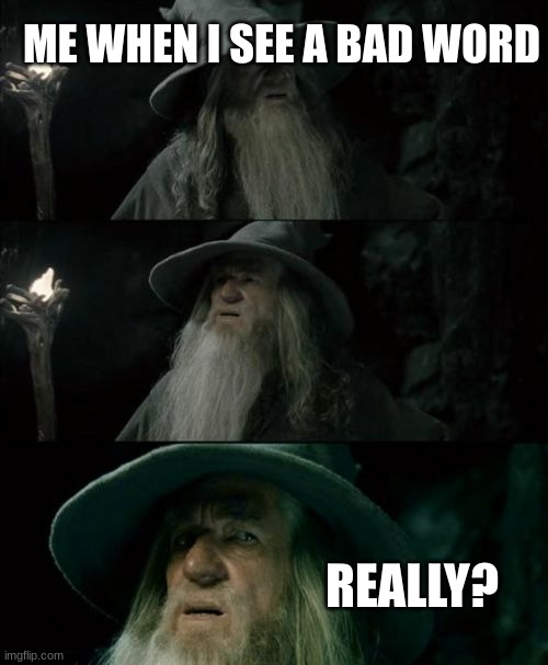 Confused Gandalf | ME WHEN I SEE A BAD WORD; REALLY? | image tagged in memes,confused gandalf | made w/ Imgflip meme maker