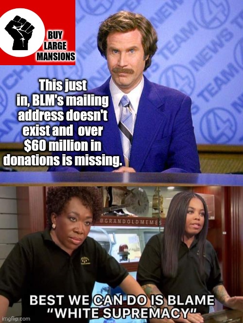 BLM missing funds | BUY 
LARGE 
MANSIONS; This just in, BLM's mailing address doesn't exist and  over $60 million in donations is missing. | image tagged in anchorman news update | made w/ Imgflip meme maker