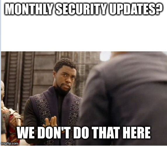 We don't do that here | MONTHLY SECURITY UPDATES? WE DON'T DO THAT HERE | image tagged in we don't do that here | made w/ Imgflip meme maker