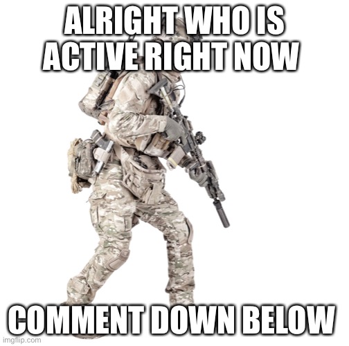Airsoft solider | ALRIGHT WHO IS ACTIVE RIGHT NOW; COMMENT DOWN BELOW | image tagged in airsoft solider | made w/ Imgflip meme maker