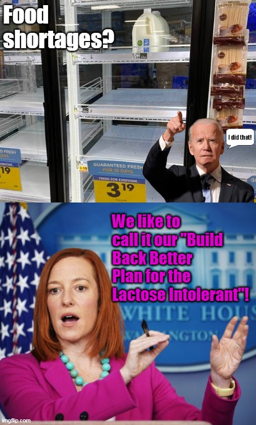 This isn't just incompetence- Democrats are trying to control our lives. | Food shortages? We like to call it our "Build Back Better Plan for the Lactose Intolerant"! | image tagged in i'll have to circle back,democrat,democratic socialism,evil,stupid liberals | made w/ Imgflip meme maker