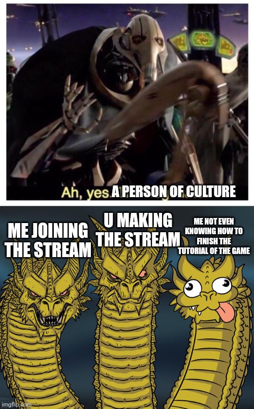 U MAKING THE STREAM A PERSON OF CULTURE ME JOINING THE STREAM ME NOT EVEN KNOWING HOW TO FINISH THE TUTORIAL OF THE GAME | image tagged in ah yes the negotiator,three-headed dragon | made w/ Imgflip meme maker
