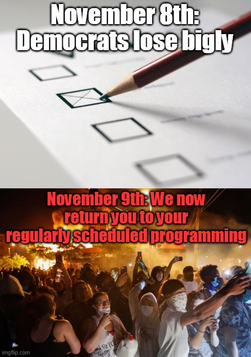 Democrats are unruly children, causing mayhem when they lose. | November 8th: Democrats lose bigly; November 9th: We now return you to your regularly scheduled programming | image tagged in voting ballot,riotersnodistancing,democrat party,stupid liberals,triggered liberal | made w/ Imgflip meme maker