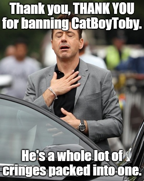 Relief | Thank you, THANK YOU for banning CatBoyToby. He's a whole lot of cringes packed into one. | image tagged in relief | made w/ Imgflip meme maker