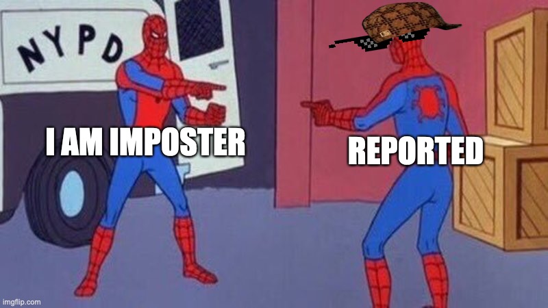 spiderman pointing at spiderman | I AM IMPOSTER; REPORTED | image tagged in spiderman pointing at spiderman | made w/ Imgflip meme maker