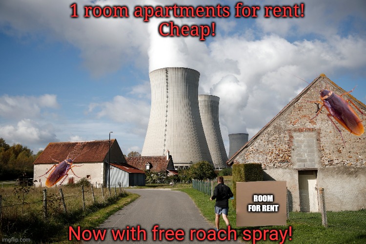 Priced to move! | 1 room apartments for rent!
Cheap! Now with free roach spray! ROOM FOR RENT | image tagged in room,to rent,nuclear power,giant,cockroach | made w/ Imgflip meme maker