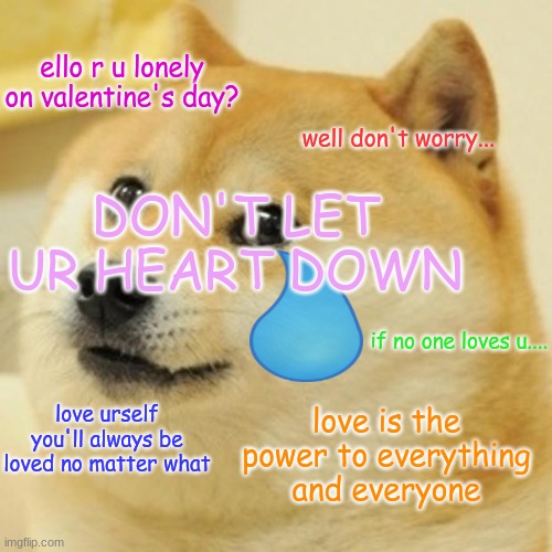 doge loves u | ello r u lonely on valentine's day? well don't worry... DON'T LET UR HEART DOWN; if no one loves u.... love is the power to everything and everyone; love urself you'll always be loved no matter what | image tagged in memes,doge | made w/ Imgflip meme maker