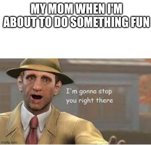 im going to stop you right there | MY MOM WHEN I'M ABOUT TO DO SOMETHING FUN | image tagged in im going to stop you right there | made w/ Imgflip meme maker