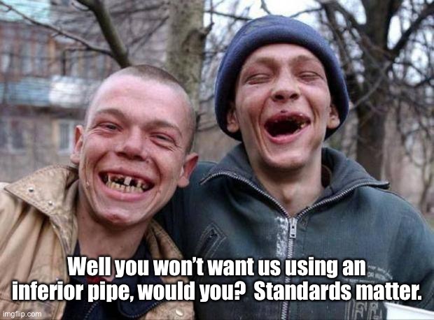 No teeth | Well you won’t want us using an inferior pipe, would you?  Standards matter. | image tagged in no teeth | made w/ Imgflip meme maker