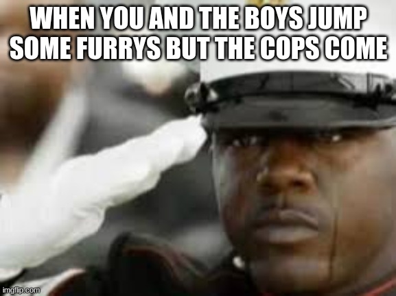 men of valor | WHEN YOU AND THE BOYS JUMP SOME FURRYS BUT THE COPS COME | image tagged in sad salute,furry,anti furry,poop,pee,fart | made w/ Imgflip meme maker