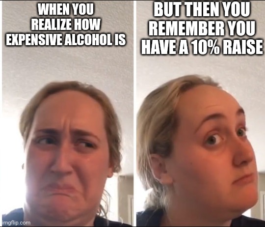Kombucha Girl | BUT THEN YOU REMEMBER YOU HAVE A 10% RAISE; WHEN YOU REALIZE HOW EXPENSIVE ALCOHOL IS | image tagged in kombucha girl | made w/ Imgflip meme maker