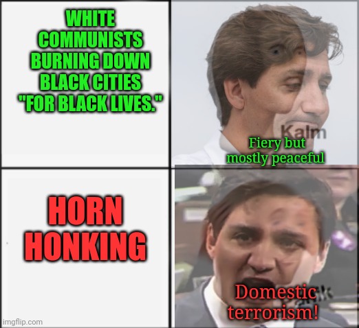 Trudeau problems | WHITE COMMUNISTS BURNING DOWN BLACK CITIES "FOR BLACK LIVES."; Fiery but mostly peaceful; HORN HONKING; Domestic terrorism! | image tagged in liberal,hypocrisy,justin trudeau,worthless,prime minister | made w/ Imgflip meme maker