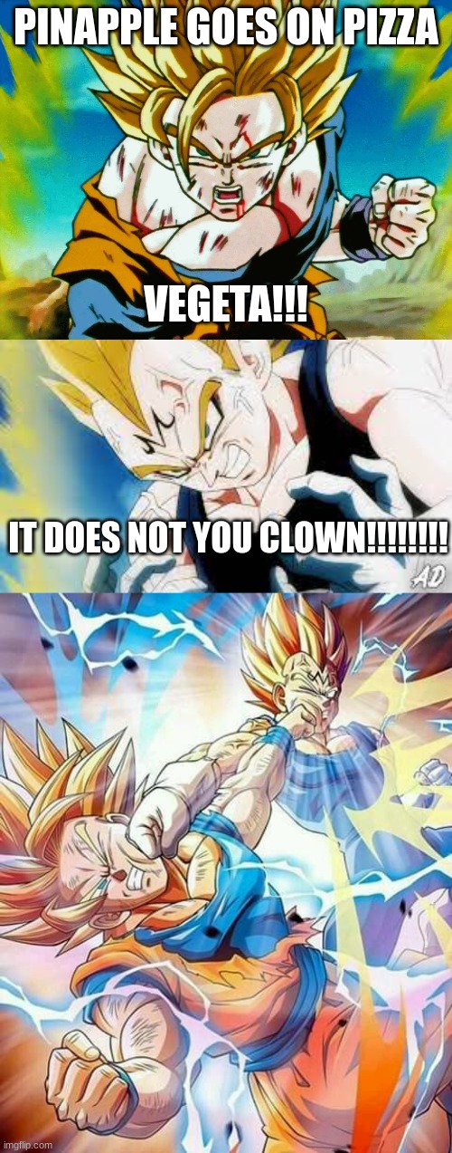 They fight over the dumbess of s*** | PINAPPLE GOES ON PIZZA; VEGETA!!! IT DOES NOT YOU CLOWN!!!!!!!! | image tagged in goku,vegeta,dragon ball z,pizza | made w/ Imgflip meme maker