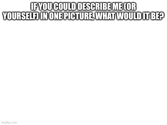 Blank White Template | IF YOU COULD DESCRIBE ME (OR YOURSELF) IN ONE PICTURE, WHAT WOULD IT BE? | image tagged in blank white template | made w/ Imgflip meme maker