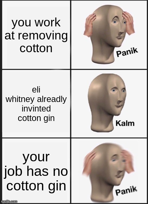 Panik Kalm Panik Meme | you work at removing cotton; eli whitney alreadly invinted cotton gin; your job has no cotton gin | image tagged in memes,panik kalm panik | made w/ Imgflip meme maker