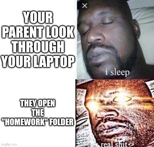 i sleep real shit | YOUR PARENT LOOK THROUGH YOUR LAPTOP; THEY OPEN THE "HOMEWORK" FOLDER | image tagged in i sleep real shit | made w/ Imgflip meme maker