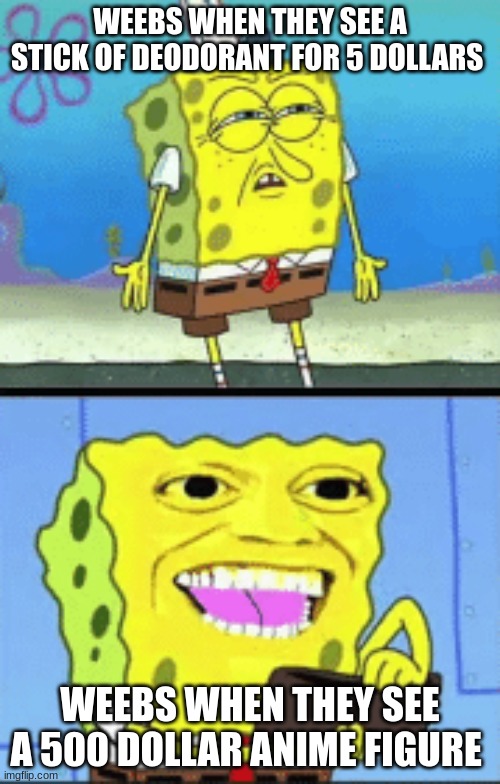 spongebob money | WEEBS WHEN THEY SEE A STICK OF DEODORANT FOR 5 DOLLARS; WEEBS WHEN THEY SEE A 500 DOLLAR ANIME FIGURE | image tagged in spongebob money | made w/ Imgflip meme maker