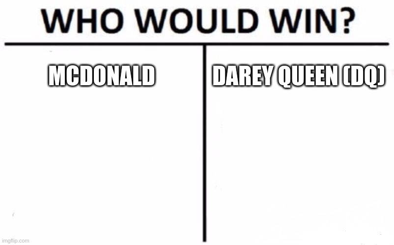 bro mcdonald only serves fries and burgers, while dq serves burger and fries and desserts | MCDONALD; DAREY QUEEN (DQ) | image tagged in memes,who would win | made w/ Imgflip meme maker