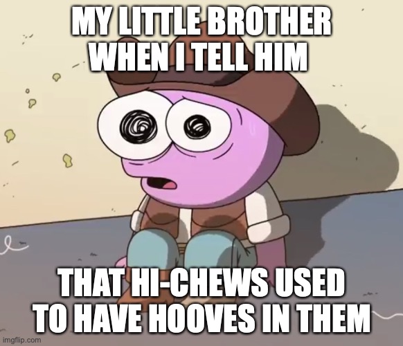 Japanese Candy, Pim | MY LITTLE BROTHER WHEN I TELL HIM; THAT HI-CHEWS USED TO HAVE HOOVES IN THEM | image tagged in traumatized pim | made w/ Imgflip meme maker