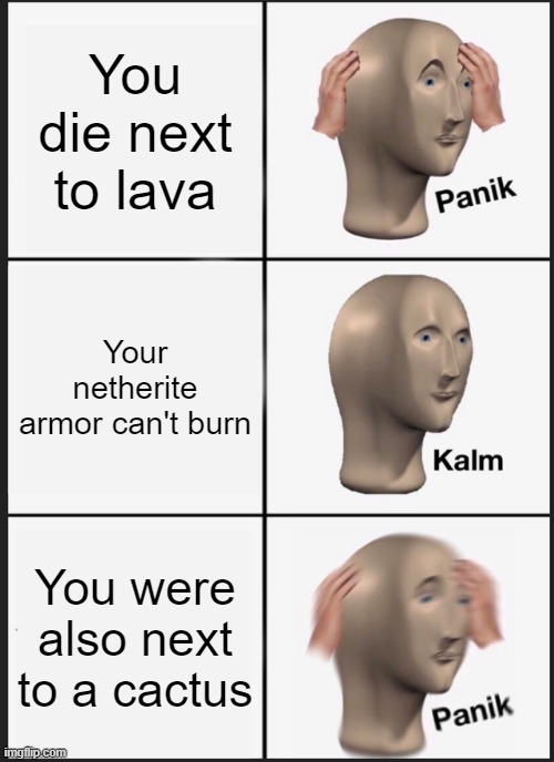 Panik Kalm Panik | You die next to lava; Your netherite armor can't burn; You were also next to a cactus | image tagged in memes,panik kalm panik,funny | made w/ Imgflip meme maker