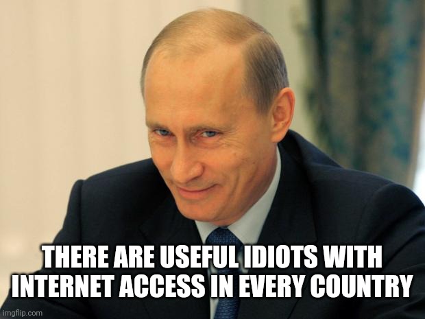 vladimir putin smiling | THERE ARE USEFUL IDIOTS WITH INTERNET ACCESS IN EVERY COUNTRY | image tagged in vladimir putin smiling | made w/ Imgflip meme maker